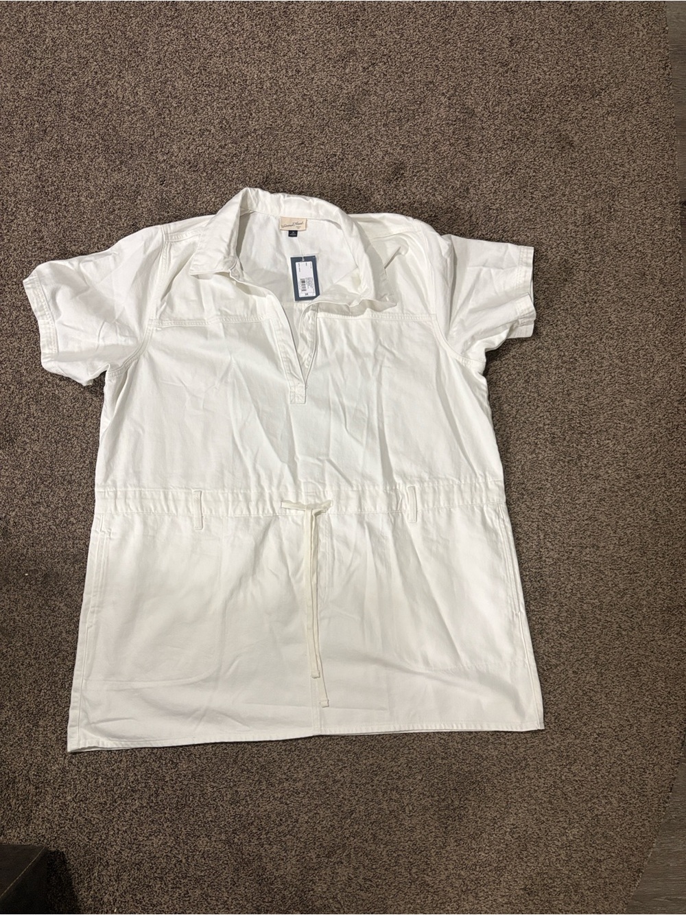 Universal Thread Women's Short Sleeve Drop Waist Drawstring Mini Dress in white.